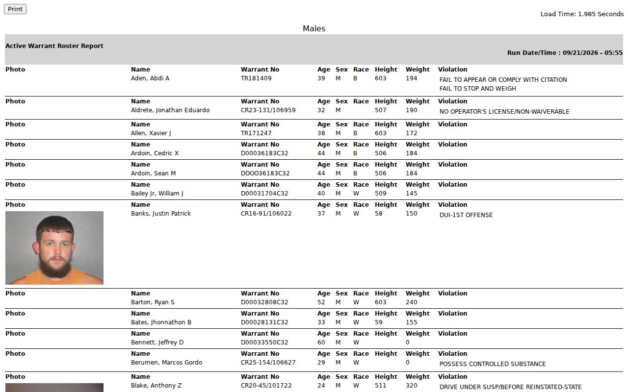 Jefferson County active warrant records list header